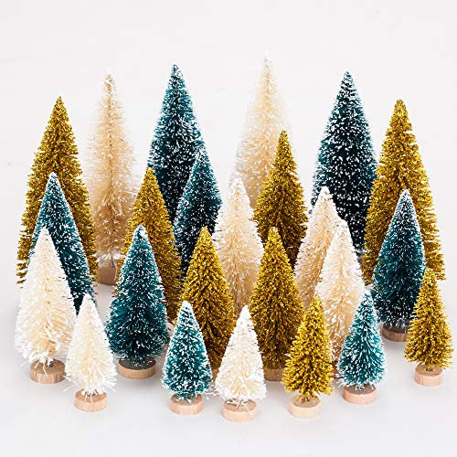 AMDX 24pack Artificial Mini Christmas Trees, Sisal Trees with Wood Base Bottle Brush Trees for Christmas Table Top Decor Winter Crafts Ornaments Green, Gold and Ivory