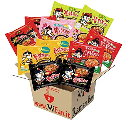 MiFan Ramyun Box - 12pz Buldak Spicy Ramen Noodles Piccanti Coreani Set Include 12 Confezioni da 6 Gusti - Gusta il Fuoco di Buldak Noodles