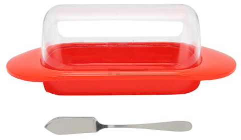 Goshyda Butterdose mit Deckel, Kunststoff-Butterschalen mit durchsichtigem Deckel und Messer, Butterschneider Käsebehälter für Butter und Käse(Buttermesser mit rotem Gürtel)