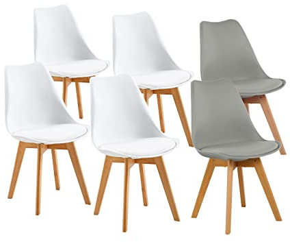 H.J WeDoo Pack de 6 Sillas de Comedor Sillas Cocina Estilo Nórdico con Las Piernas de Madera de Haya y Asiento Tapizado, Blanco + Gris