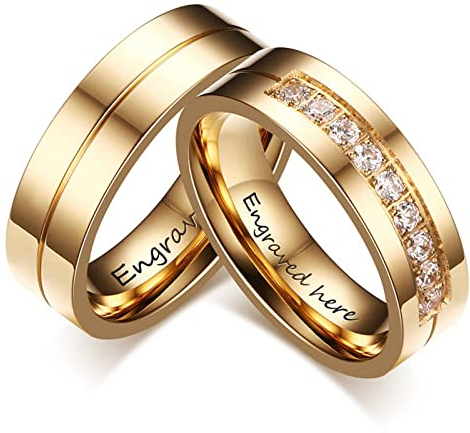 AMDXD Eheringe Verlobungsringe, 6MM Ringe Damen Set mit Zirkonia Damen Herren Ring mit Gravur, Gold, Damen 49 (15.6) & Herren 54 (17.2)