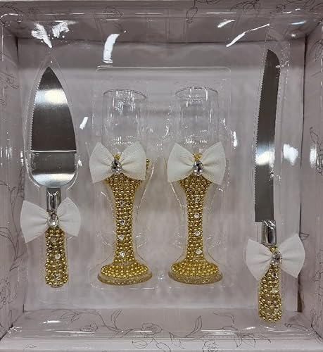 Kit à Gâteaux Fournitures de mariage 4 pièces : couteau pelle et 2 verre - Cadeaux pour mariés (Kit Gâteau 20224)