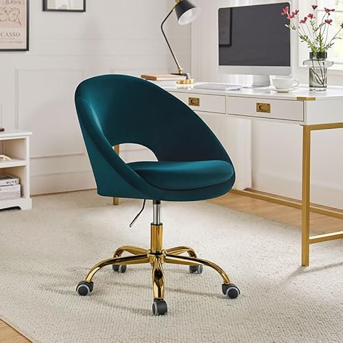 FABRICATION HAUS Desk Home Office Velvet Chair Swivel Height Adjustable Armless Padded Cushion Rolling Task Comfy Computer Chair Gold Metal Legs Wheel for Living Room Bedroom Vanity (TEAL)