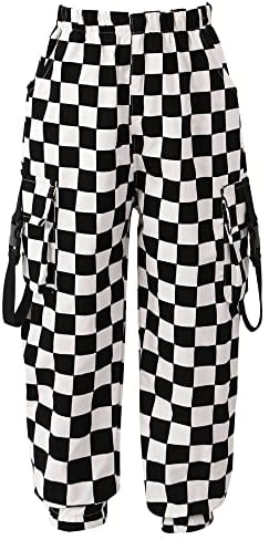 Zaldita Mädchen Cargohose Lang Karo Druck Sporthose Mit Taschen Baggy Hose Trainingshose Hip Hop Pants Jazz Hose Bühnenauftritt Freizeit Ga Schwarz 158-164