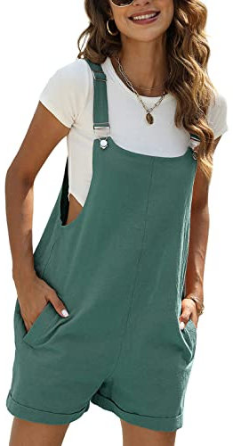 Sukany Tuta corta estiva da donna, casual, in cotone e lino, con spalline regolabili, con tasche, Verde scuro, S