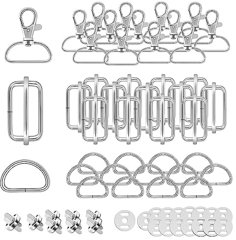 Drehbare Karabinerhaken Mit Drehgelenk Schlüsselanhänger D-Ringe Triglide-Schiebeschnalle Gurtversteller Metall Magnetknöpf Schnallen und Verschlüsse für DIY Nähen Zubehör (32mm, Silber, 50)