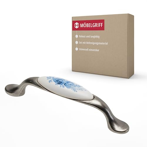 Gedotec Möbelgriff aus Porzellan und Metall | 1 Stück | Griffe für Küchenschränke inkl. Befestigungsmaterial | OLGA | Möbelgriffe Silber antik Blaue Rose mit BA 96 mm | Türgriffe
