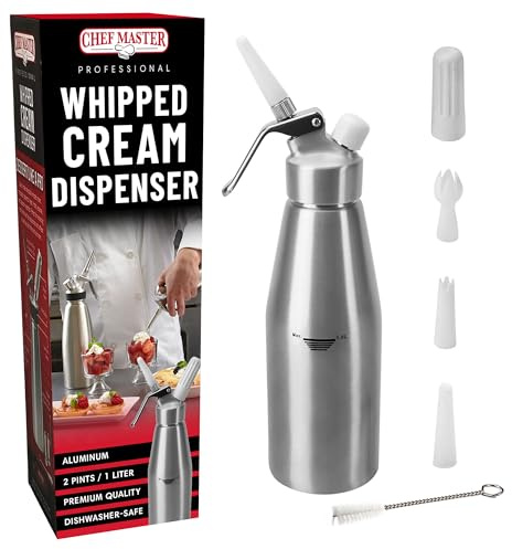 Chef Master Dispenser per panna montata, in alluminio, 1 litro, 2 pinte, con spazzola per la pulizia, punte per decorare torte, caffè, waffle per hotel, ristoranti, bar, feste a casa, 90077