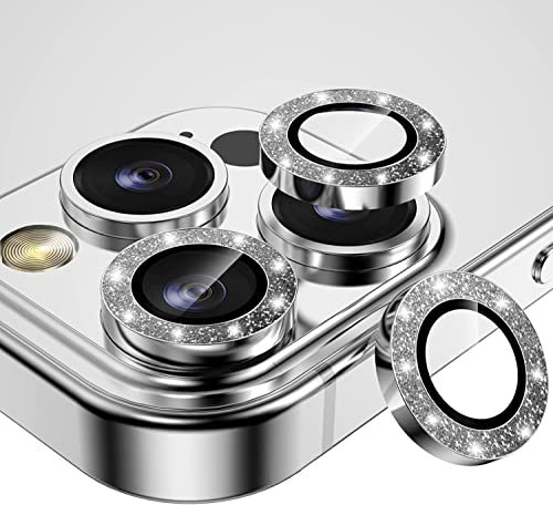EKAM Camera Lens Protector for iPhone 13 Pro 6.1-Inch and iPhone 13 Pro Max 6.7-Inch 9H Tempered Glass Aluminum Alloy Metal Individual Ring Cover HD Clear Bubble Free Protection (Glitter Silver)
