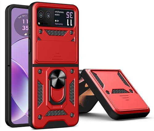 ESTH® Coque pour Motorola Razr 40 avec Lentille Coulissante Couverture et Support Rotatif, Anti-Chute Étui Housse Compatible avec Support De Voiture Magnétique, Rouge