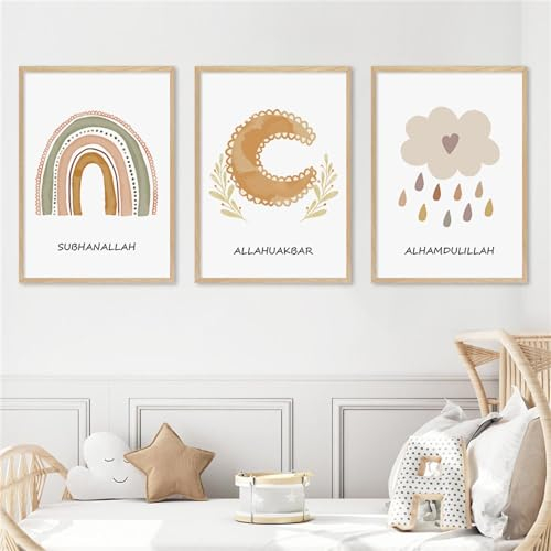 Herfair Islamische Bilder Kinderzimmer 3er Set Regenbogen Mond Wolken Poster Kinderzimmer Wanddeko Bilder Leinwand Boho Wandbilder Kinderposter Ohne Rahmen (21 x 30 cm)
