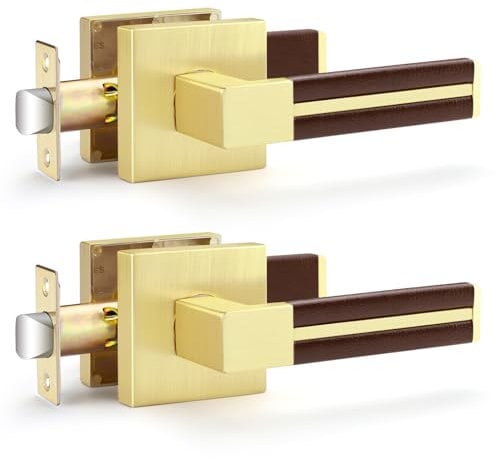 EHOMEWARE Türgriffe mit Bronze-Leder, Innentürgriff, Durchgangshebel, Türgriffe aus satiniertem Messing, für Schranktürschloss, schlüsselloser Innentürgriff, 2 Stück