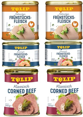 TULIP 2x Klassisches Corned Beef 340g + 2x Hähnchen-Frühstücksfleisch 340g + 2x Schweine-Frühstücksfleisch 200g | 98% Rindfleisch 86% Schweinefleisch 80% Hühnerfleisch | Konservenfleisch