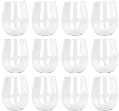 Argon Tableware Reusable Plastic Glasses - 600ml - Pack of 12 - Stemless Wine Glasses - Clear Cocktail Champagne Tumbler Drinking Cups for Garden, Parties, Weddings, BBQ and Picnic