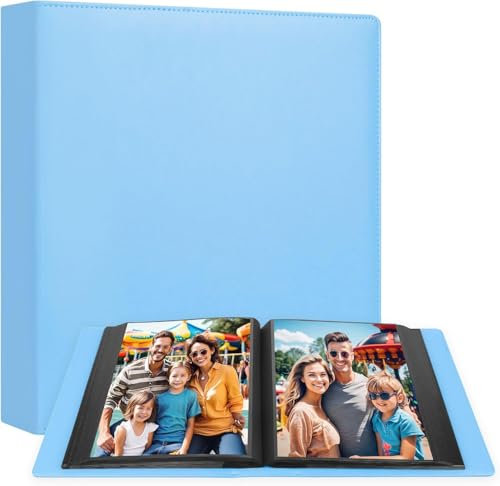 Álbum de fotos de 20 x 25 cm, 152 bolsillos, 20 x 25 fotos, álbum de fotos de 8 x 10, cubierta de piel de gran capacidad, para 10 x 8 imágenes, álbum de fotos con páginas interiores negras (azul)