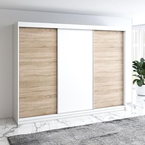A&J MöbelLand Moderne 3-türiger Kleiderschrank mit Schwebetüren und 4 Schubladen, 200 cm, Weiß (Weiß/Sonoma/weiß/Sonoma)