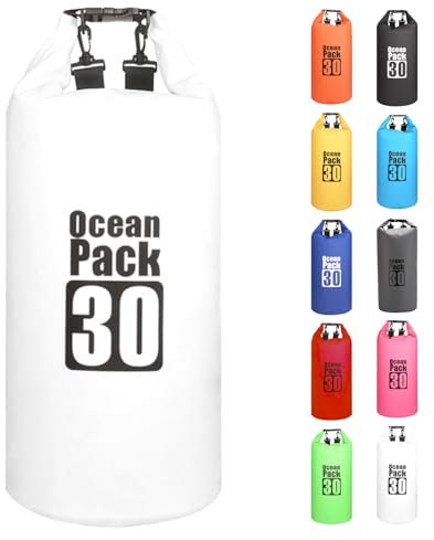 MORAINJAY 30L Wasserdichter Beutel, Weiß Dry Bag 2L/5L/10L/15L/20L/25L/30L mit Verstellbarem Gurt, Schützt Telefon/Karte, Roll Top Wasserdichter Beutel Rucksack für Schwimmen/Rafting/Bootfahren
