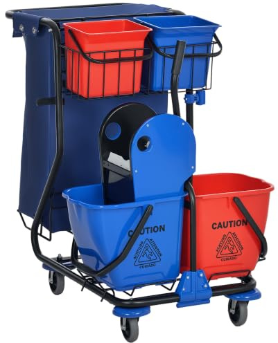 HOMCOM Carro de Limpieza con Bolsa de Basura Carro de Servicio con Doble Cubo de 18 litros Escurridor de Prensa 2 Cubetas Auxiliares 93x80x97 cm Rojo y Azul