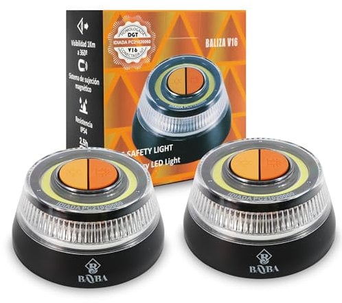 Luz de emergencia para coche homologada DGT con base imantada. Baliza V16 homologada DGT para señalización frente a averia. Señal luminosa de aviso visible a 1 km. 2 Unidades
