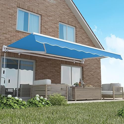Primrose 3.0m x 2.5m Manual Awning Standard Cassette DIY Patio Awning Gazebo Canopy (9ft 10) Complete with Fittings and Winder Handle (Azure Blue)