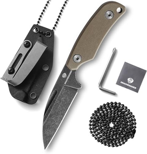 DRACHENADER Neck Knife, D2 Stahl, Sheepfoot Full Tang Klinge 7,6 cm, Kleines Messer mit Kydex-Scheide, Kugelkette und Gürtel-Clip, Blackwash-Finish Klinge und G10 Khaki Griff