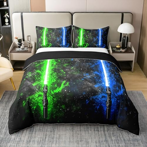 Jungen Lichtschwert 100% Baumwolle Bettbezug 135x200,Neon Grün Blau Bettwäsche Set für Kinder Teens Erwachsene,Galaxy Starry Sky Tröster Bezug Mode Spiele Licht Schwert Bettbezug mit 1 Kissenbezug