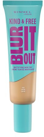 Rimmel Kind & Free, Blur It Out Mattifying Skin Tint, 410 Latte, Lightweight Matte Finish, Minimises Pores, Infused with Cica Complex and Vitamin E, SPF 20, All-Day Shine Control, 30ml