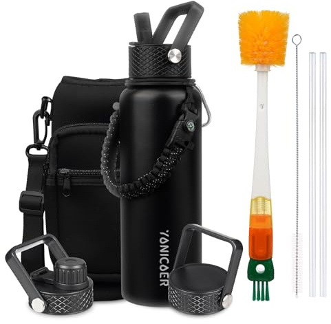 YONICOER Insulated Water Bottle 40oz,Triple Wall Vacuum Stainless Steel(Dishwasher Safe),Leak Proof & Non-BPA,Flask Jug with Paracord Handle & Straw Spout Lids Sports Black