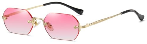 JCTAIFOO Retro Randlose Rechteckige Sonnenbrille Damen Herren Vintage Schlanke Rechteckig Getönte Brille (Gold/Rosa Farbverlauf)