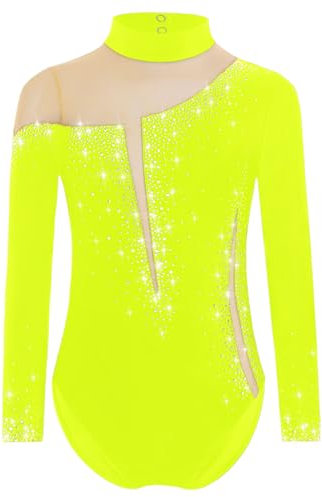 Yruioon Mädchen Turnanzug Glitzer Langarm Gymnastikanzug Strass Glänzend Eiskunstlauf Body Overall Sportbody Wettbewerb Tanzkostüm Fluoreszierendes Gelb 170-176