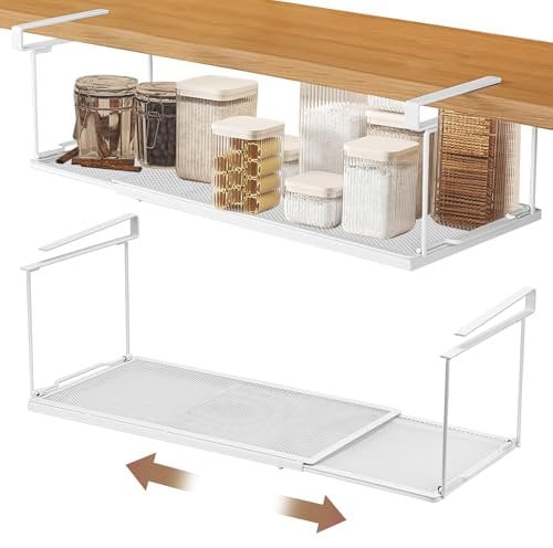 Drepint Unter Regal Hängekorb ausziehbar, Verstellbarer hängendes Unterschrankregal Metall 38.5-69cm, Küchenschrank Regal Organizer Metall, Aufbewahrungskorb unterregal für Küche Schrank Tisch Bad