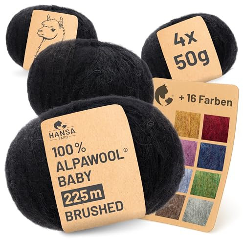 HANSA-FARM |Alpawool 100% Baby Alpaka Brushed 200g Set (4 x 50g) leichte und kratzfreie Wolle zum Stricken & Häkeln - NFA15 Schwarz