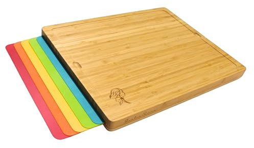 Qualis Summa- Tabla Cortar Cocina - 6 Tablas de Cocina en 1- Tabla de Cortar de Bambú y 5 Láminas para cada Alimento- Tabla Madera Cocina Antibacteriana, Antideslizante, Evita Contaminación Cruzada