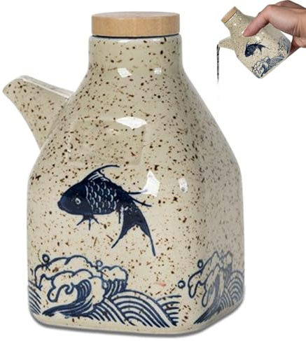 Yeory Soy Sauce Bottle, 5x3 Ceramic Oil Dispenser With Wooden Lid Fish Pattern Japanese Style Soy Sauce Dispenser Liquid Container, Ceramic Olive Oil Dispenser Bottle