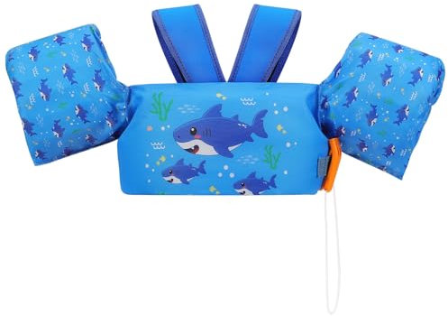 MoKo Chaleco de Natación para Niños de 20-50 lbs, Flotadores de Piscina de Dibujos Animados con Diseño en Forma de Y, Correas de Seguridad y Silbato de Emergencia, Algas y Tiburón Azul Oscuro