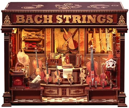 Cutefun Book Nook Kit - DIY Häuser Kit mit LED-Beleuchtung (Bach Strings) | 3D Holzpuzzle Tiny House Miniaturmodellbausätze, DIY Handwerk Geschenke für Erwachsene Teenager & Buchliebhaber