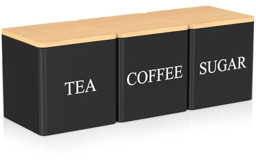 Alongen Lot de 3 boîtes à thé, sucre, café avec couvercles en bambou - Grande capacité - Boîtes hermétiques pour économiser de l'espace (noir)