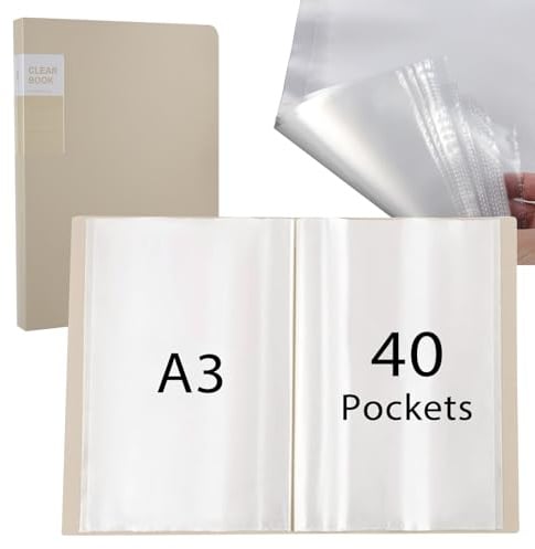 hocadon Porte-Documents A3 avec Pochettes Transparentes Classeur DIN A3 | Livre D'affichage Avec 40 Pochettes Transparentes pour 80 Fuilles Pour œuvres d'art, Fournitures de Bureau
