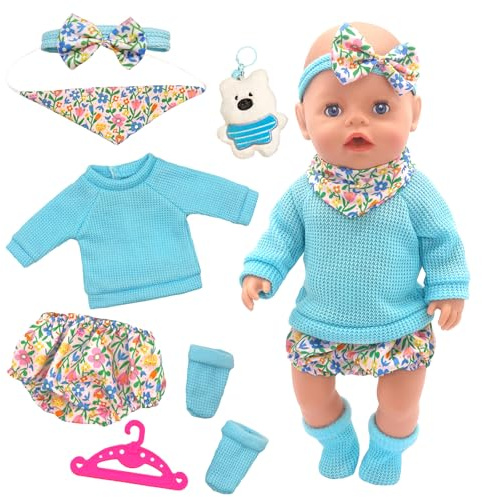 Baby Puppenkleidung für 36-43cm Puppen, Blauer Puppenpullover, Geblümte Hose, Schal, Puppensocken, Stirnband, Kleiderbügel, Kleine Bären-Plüschanhänger, 7 Süßes Puppenzubehör für Mädchengeburtstag