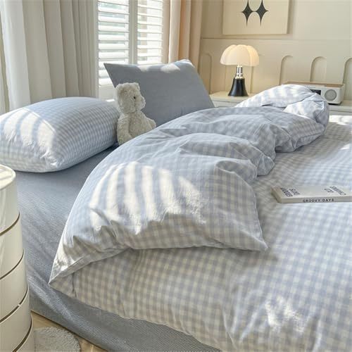 ZBOOM Bettwäsche 155x220 Blau Weiß Kariet Kinderbettwäsche Set Blau Gittermuster Microfaser Kinder Mädchen Bettbezug und Kissenbezug 80x80 cm mit Reißverschluss