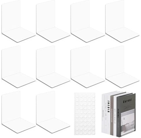 Kuvarix 10 Stück Transparenten Buchstützen Acryl Set mit 50 Anti-Rutsch-Pad, 3mm Verdickt Buchstütze Buchstütze, Bücherständer für Schule, Büro, Zuhause, Bibliothek