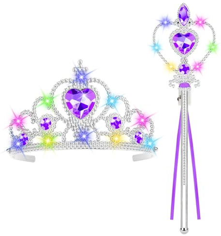AUYAO Magischen Verkleiden Prinzessin Kostüme Zubehör Set LED | Schmuck Mädchen Dress up Zubehör mit Licht Leuchtend Feenstab Dress up Accessoires mit Krone Zauberstab für Party Cosplay