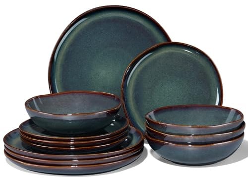 Joyfair 12 Pcs Stoneware Dinner Set Service for 4, Blackish Green | Reactive Glaze & Irregular Shape, Chip & Scratch Resistant, Plates & Bowls Dinnerware Set, Oven & Microwave & Dishwasher Safe