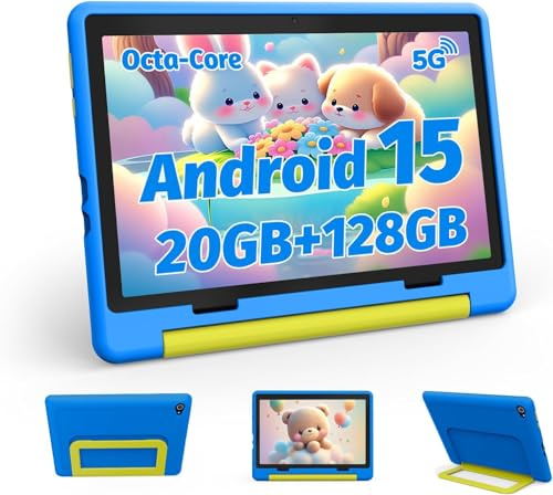 Ainmel 10 inch Kids Tablet with Case, Android 15 Tablet for Kids Ages 3-12 Years, 20GB+128GB(1TB TF Expand), Octa-Core Processor, Parental Controls, WiFi 6, BT5.3,Preloaded Edu Apps (Blue)