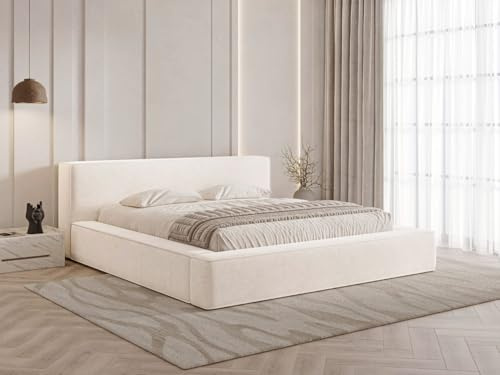 GRAINGOLD Mali Bett 180x200, Polsterbett mit Bettkasten, Polsterbett mit Stauraum, Velours-Stoff, mit Lattenrost, mit Kopfteil, ohne Matratze (Creme, 180x200)