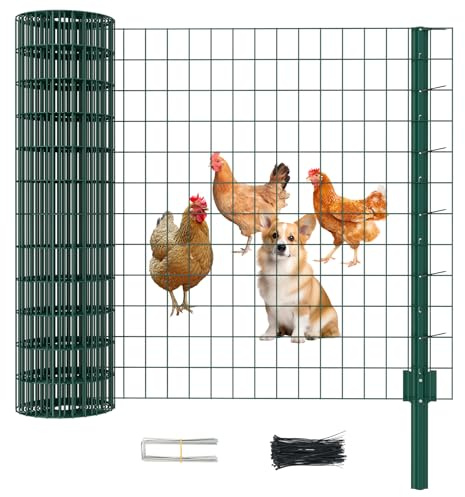 SUNYRISY Metall Hühnerzaun Gartenzaun Maschendrahtzaun mit 5 x Pfosten | 15m lang 90cm hoch Mobiler Hundezaun Weidezaun Steckzaun Begrenzungszaun Schafzaun, Verzinkter Material, Grün