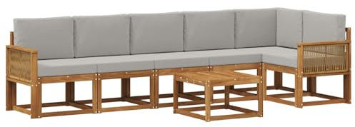 vidaXL Outdoor-Sofagarnitur 7 pcs Natürlich und Hellgrau Polyester, Modernes Garten-Sofa Set, wetterfestes Möbel, Sektional für die Terrasse, Akazienholz, Entspannung im Freien