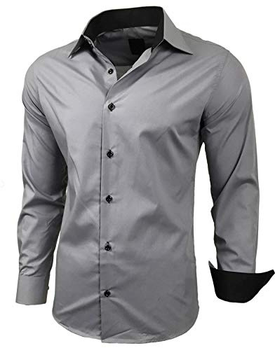 Baxboy Herren-Hemd Slim-Fit Bügelleicht Für Anzug, Business, Hochzeit, Freizeit - Langarm Hemden für Männer Langarmhemd R-44, Farbe:Grau, Größe:2XL