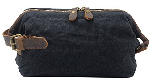 Neuleben Kulturtasche Wasserdicht Vintage Canvas Leder Damen Herren Kosmetiktasche Kulturbeutel für Reise Urlaub (Schwarz)