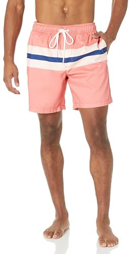 Amazon Essentials Short de Bain à Séchage Rapide Entrejambe 18 cm - couleurs abandonnées Homme, Bleu Rose Corail Rayures, S